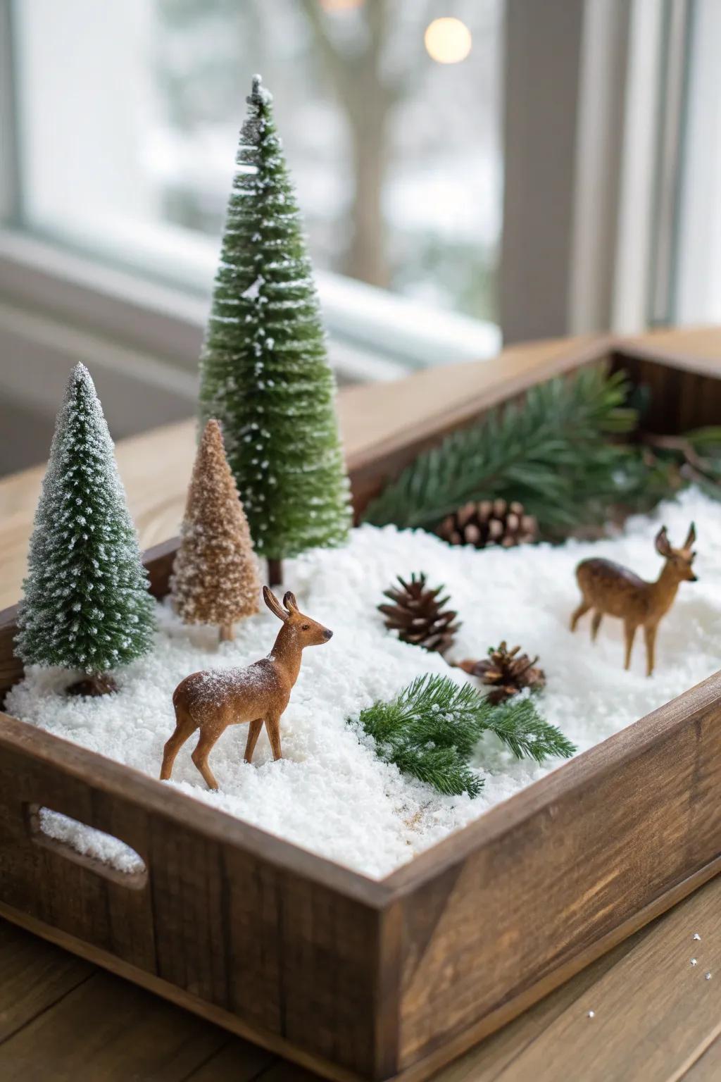 An eye-catching small-scale snow-laden landscape displayed on a platform.