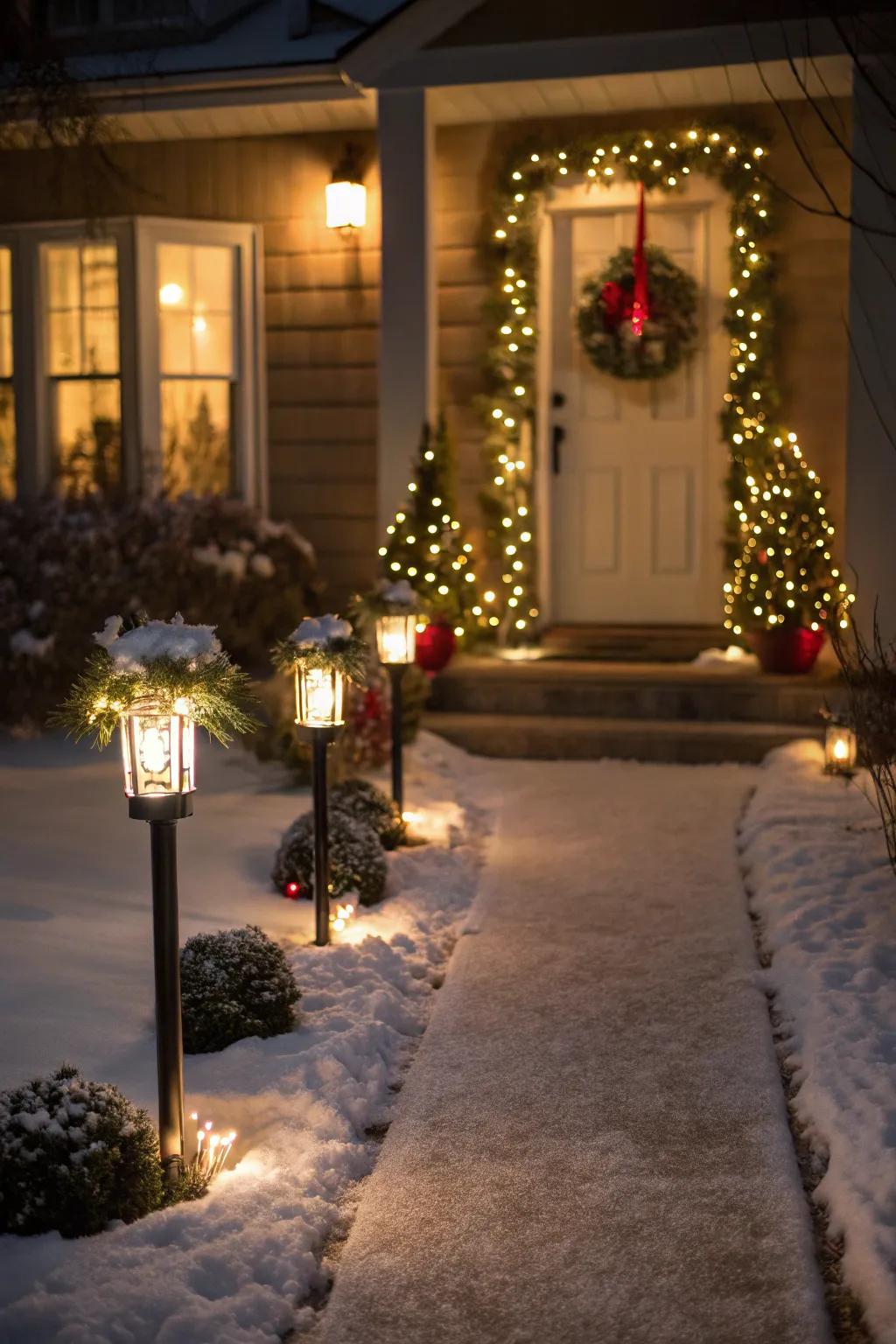 A pathway lit with Christmas stake lights, leading to a festive entryway.