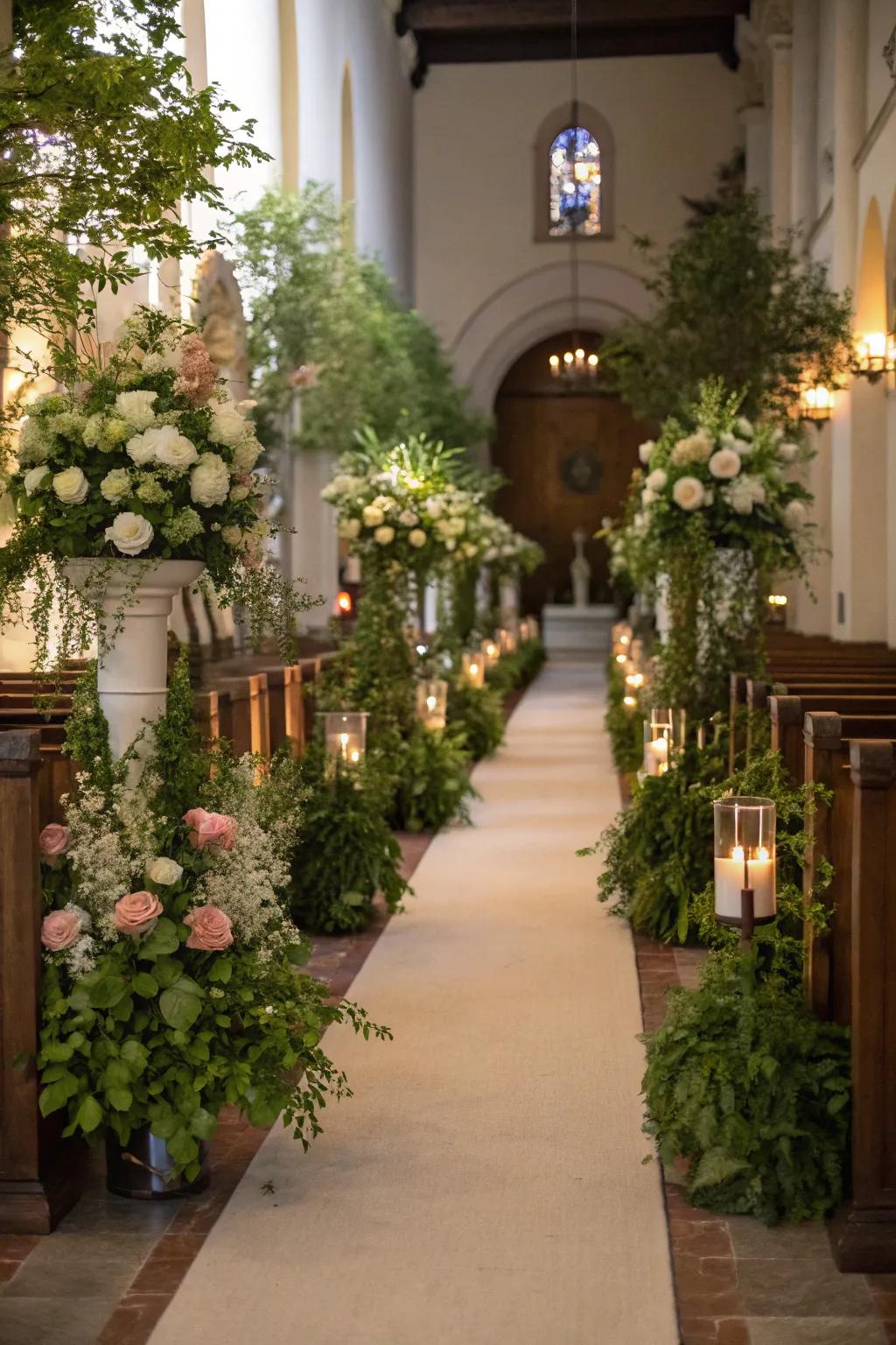 Church pathway adorned with graceful floral displays and verdant accents.