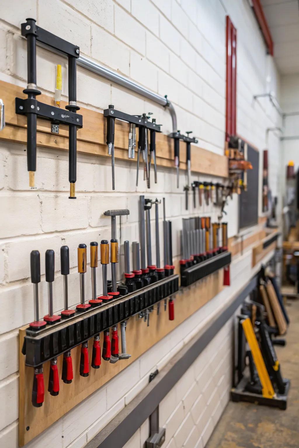 Upright storage using wall-attached fixtures ensures clamps are readily available.