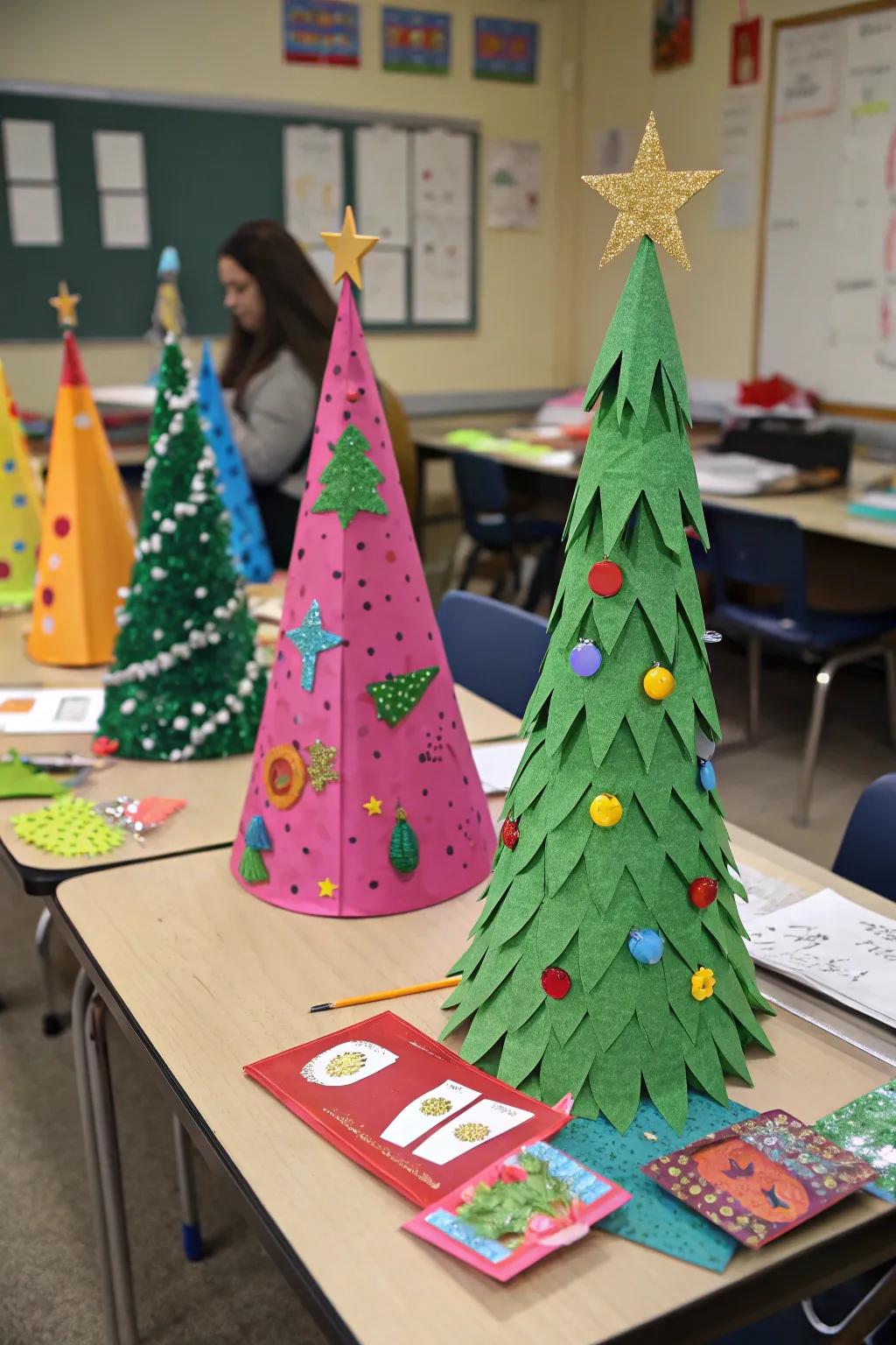 Handcrafted paper holiday trees adorned by students