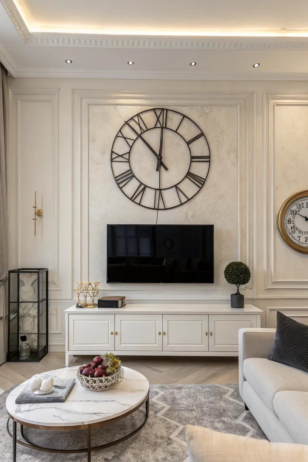 A prominent, large wall clock makes an impression above the TV in a minimalist design.
