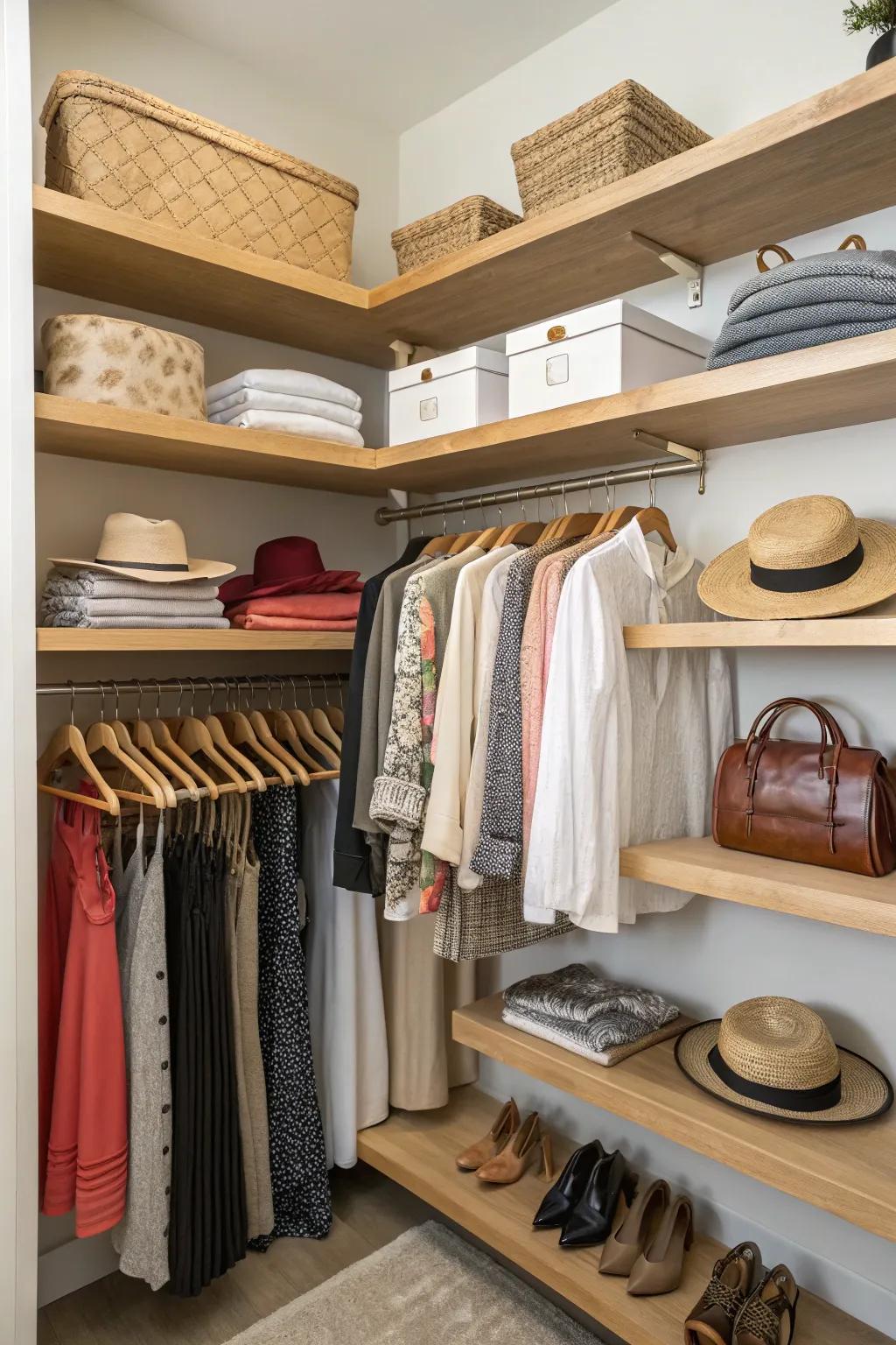 Capitalize on vertical space through the use of refined corner shelves.