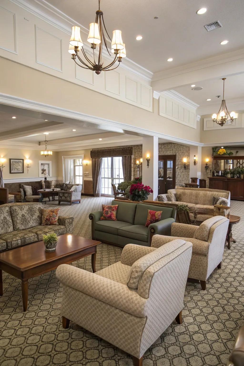 Open layouts in a clubhouse featuring diverse seating options.