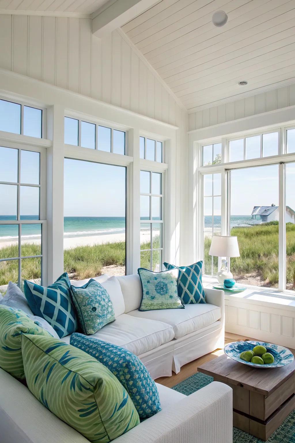 An airy living area featuring a subtle coastal color palette.