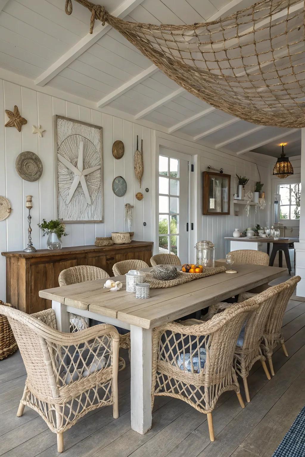 Nature-inspired textures such as woven work and timber washed ashore introduce a seaside ambiance to your dining area.