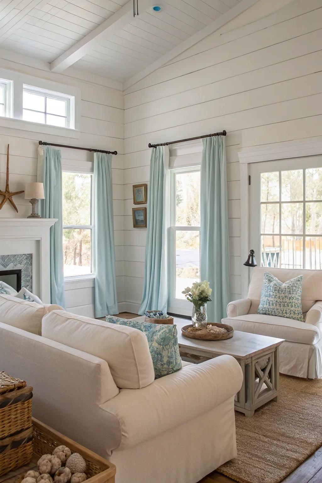 Neutral hues pave the way for a serene and welcoming coastal farmhouse atmosphere.
