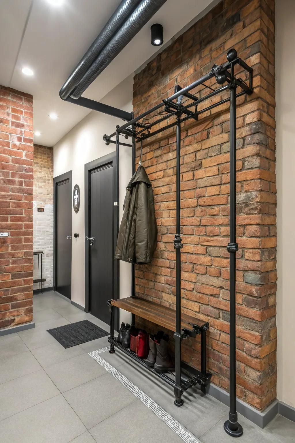 A coat rack in the industrial style fashioned from metal pipes, lending personality to a contemporary entrance area.