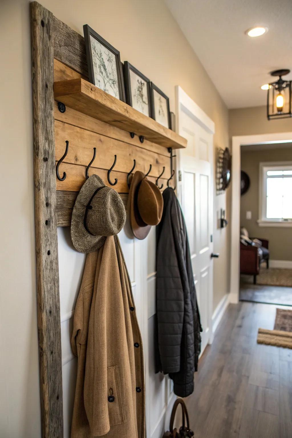 A country-style coat rack fashioned from reclaimed barn timber lends charm and coziness to any entrance.