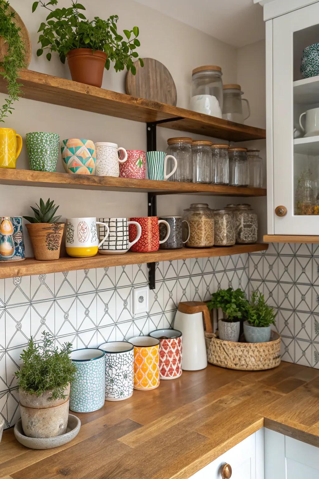 Open shelves displaying coffee essentials.