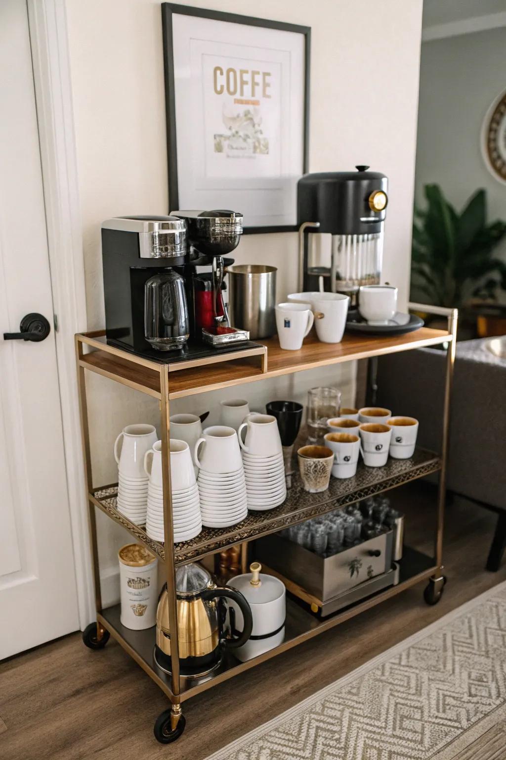 Turn your unused serving cart into an energetic coffee spot.