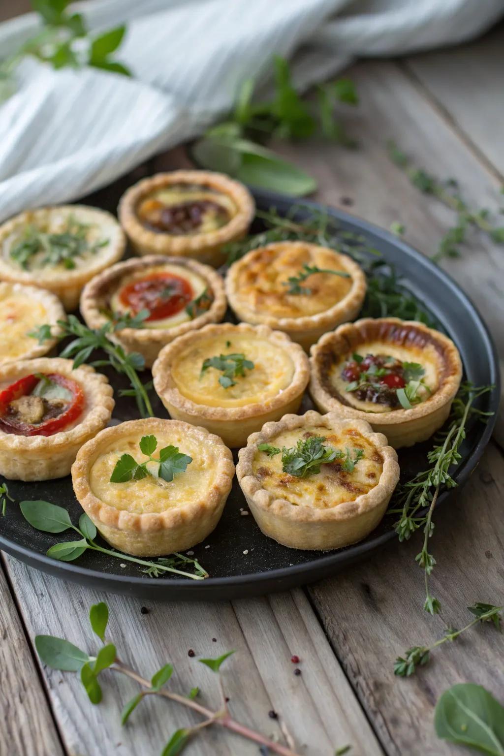 An enticing array of petite quiches, ideal for any coffee social.