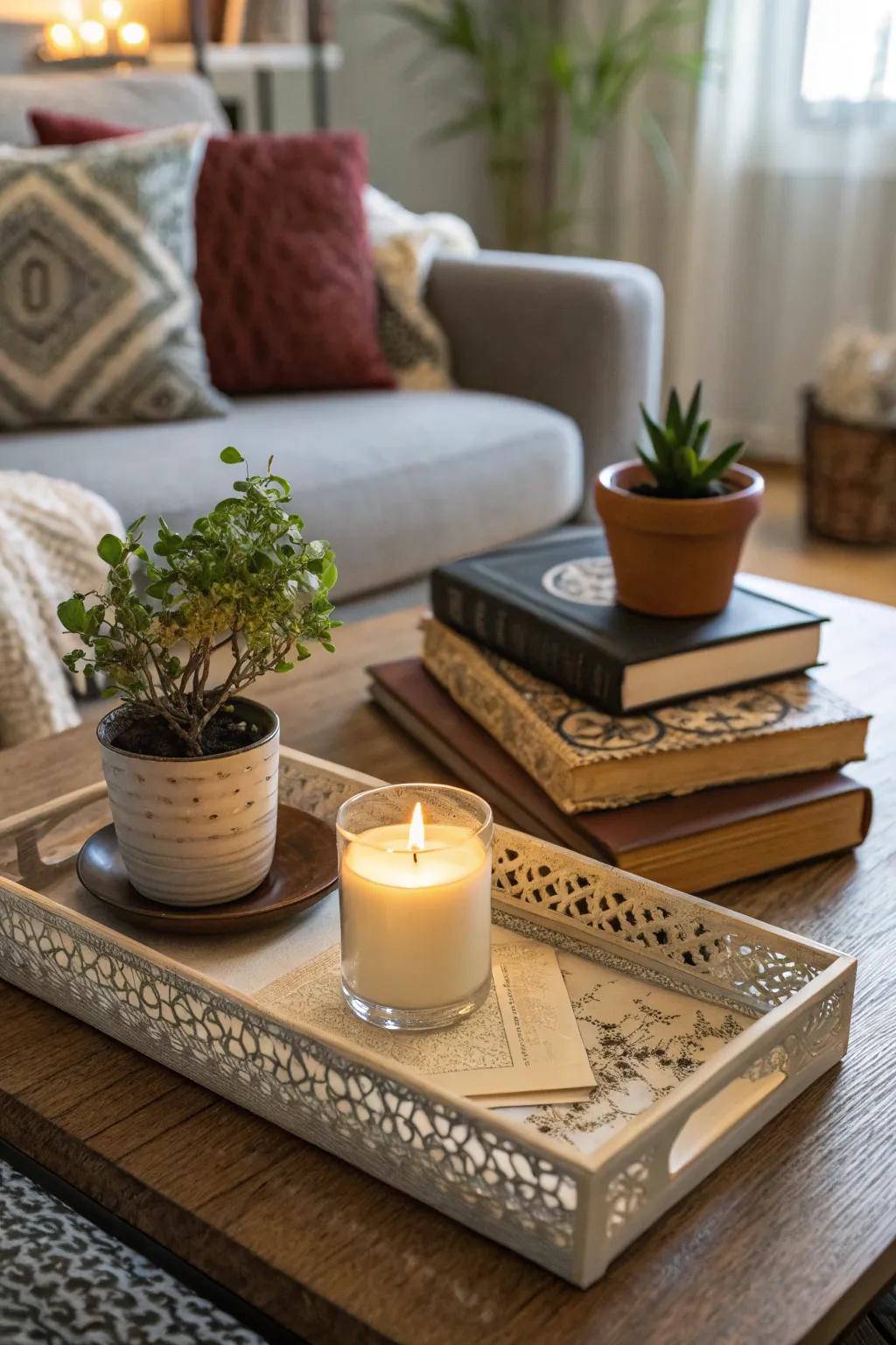 Your coffee table will stay tidy and fashionable with a decorative plateau.