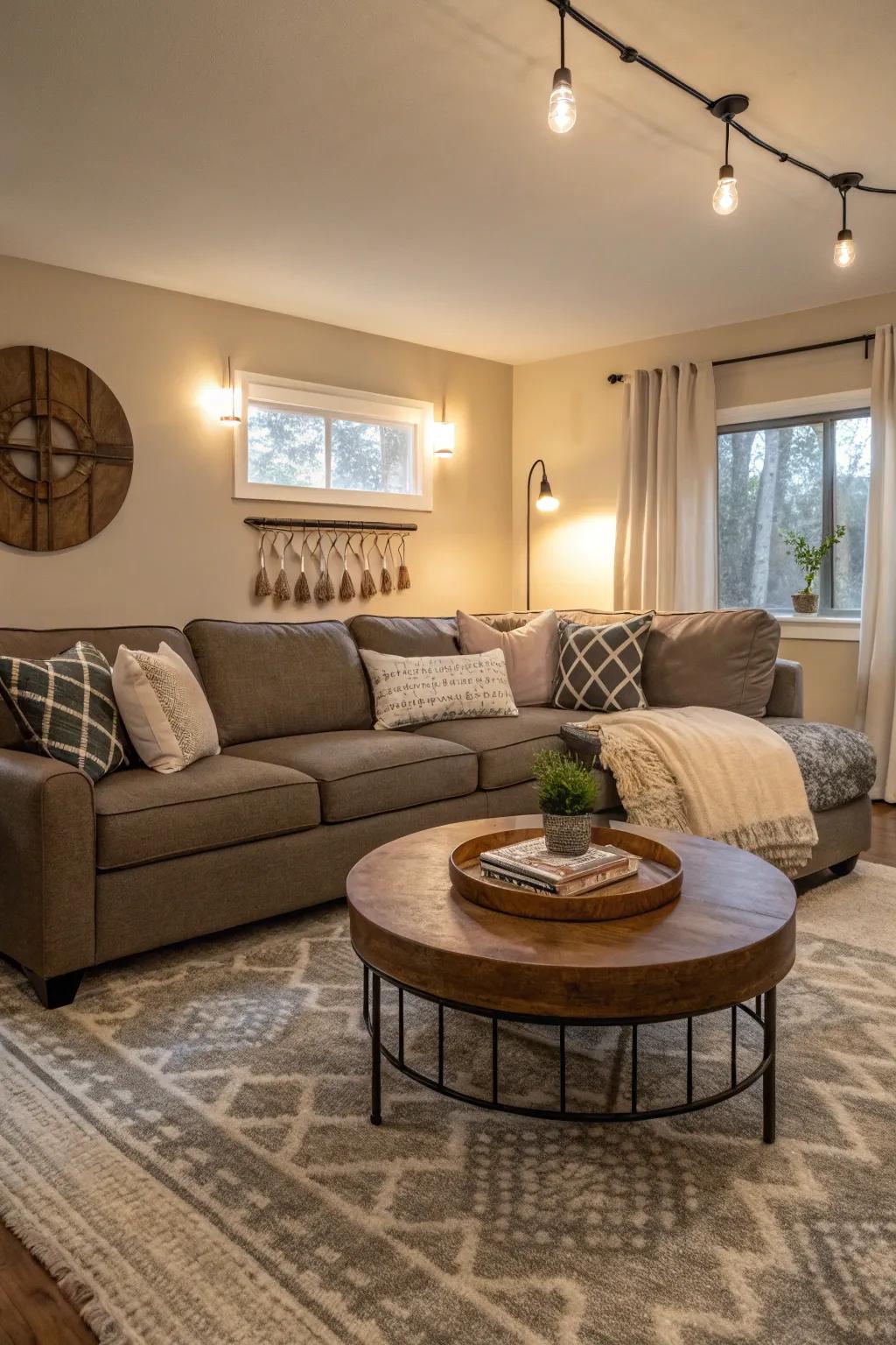A curved center table softens the design of a modular couch, introducing sophistication and convenience.