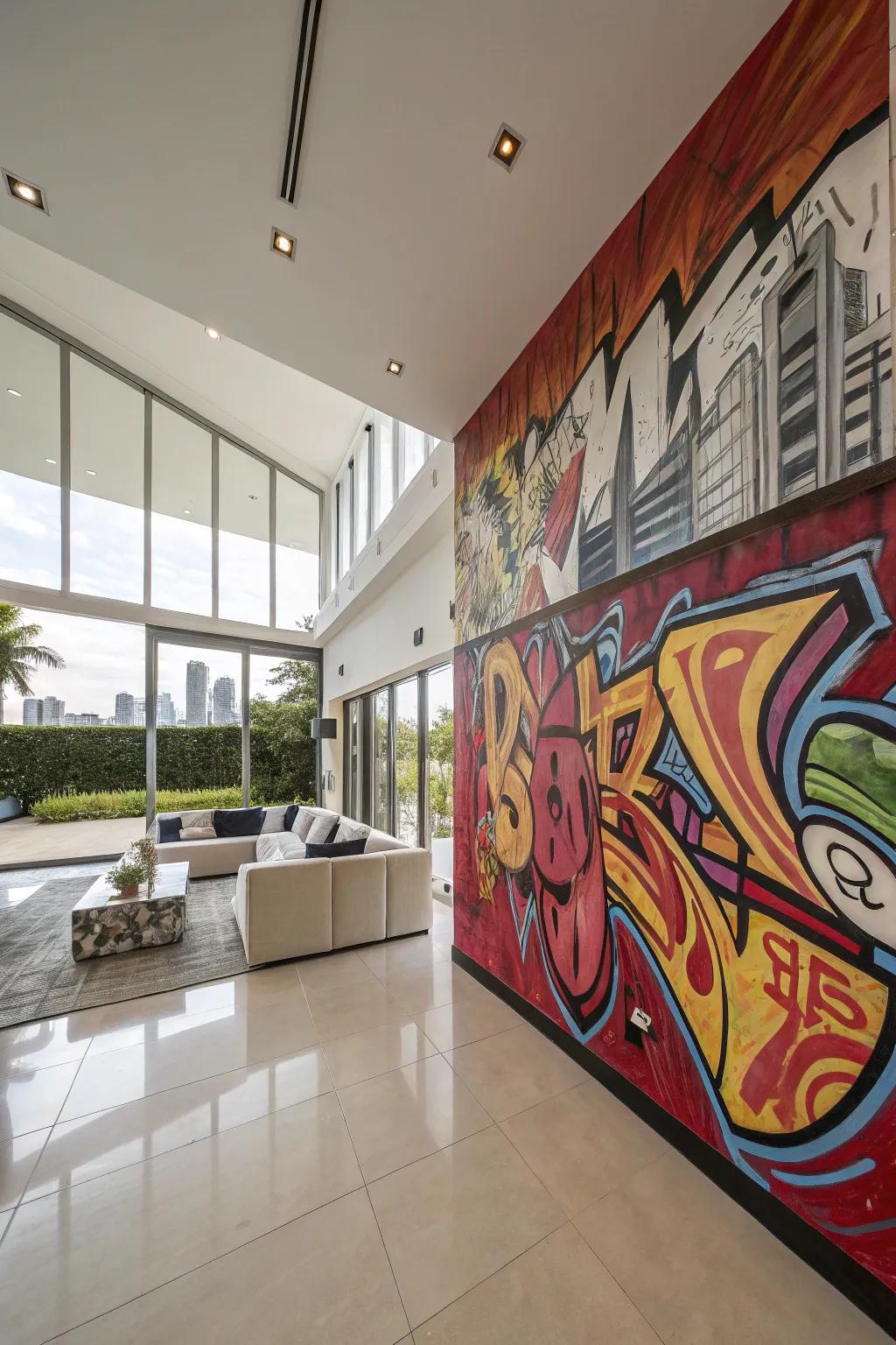 A modern residence showcasing a wall decorated with brilliant and vibrant graffiti shades.