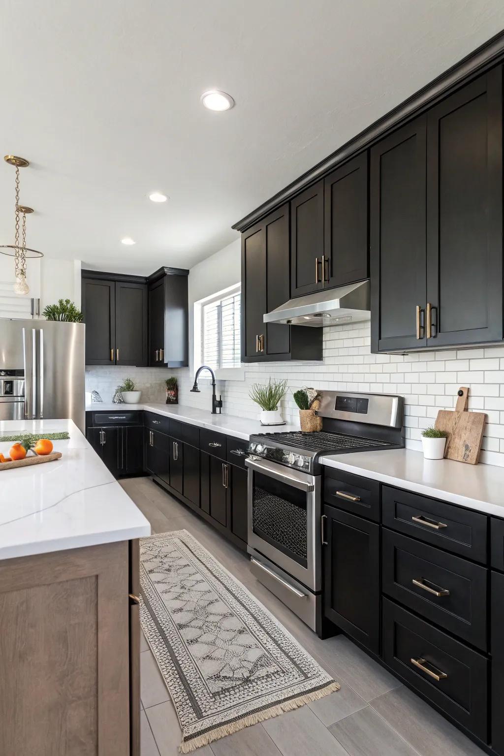 A contemporary kitchen featuring dark cabinets beautifully contrasted against bright white walls and surfaces.