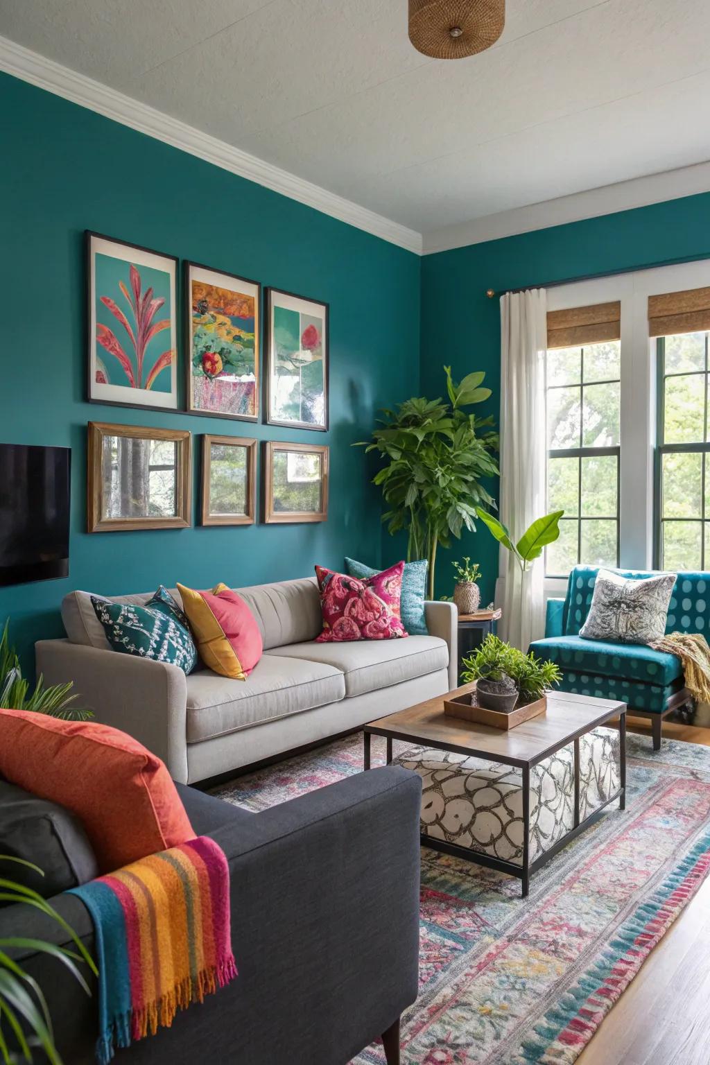 A living room revitalized with a bold cerulean accent wall and vibrant decorative elements.
