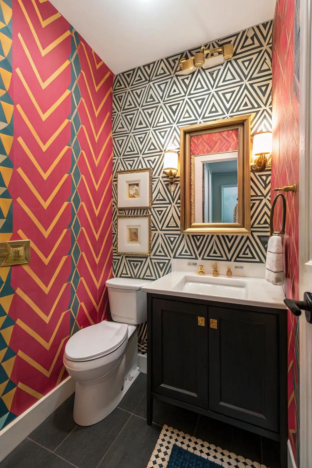 A guest bathroom featuring bold geometric wall decor that introduces an energetic touch.