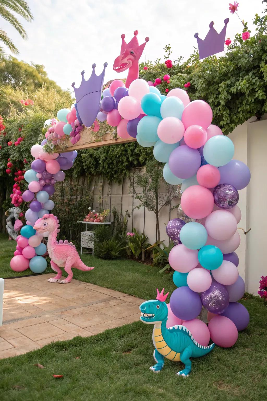 A delightful balloon arch merging various celebratory themes.