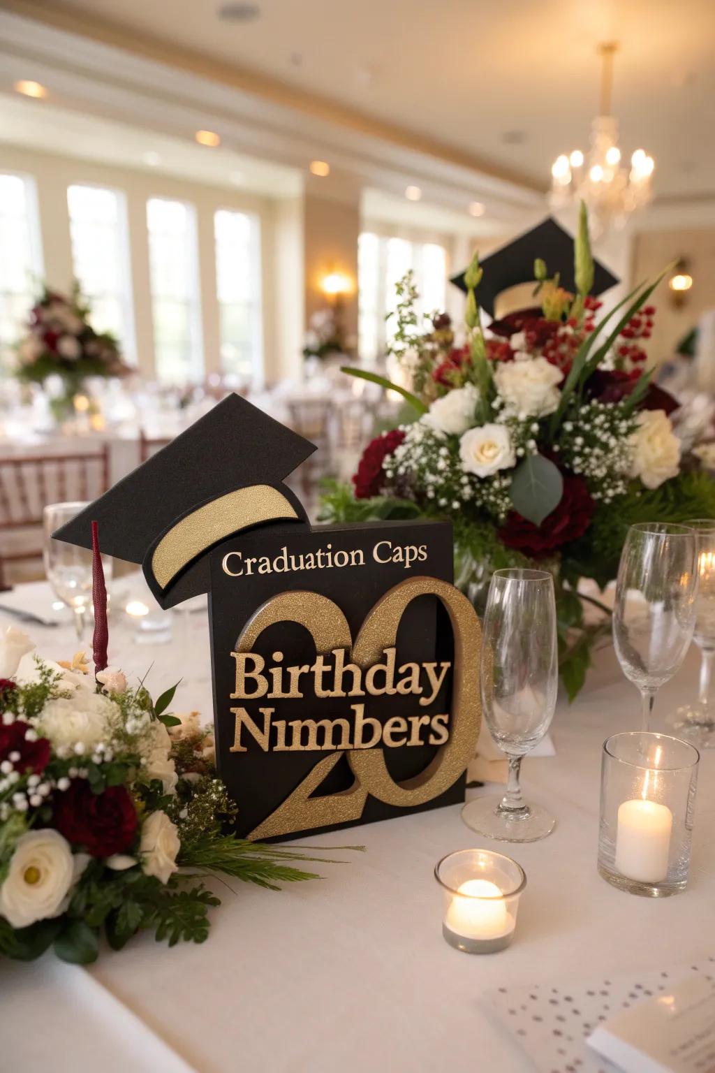 Centerpieces fusing graduation caps and birthday numbers for a joint festivity.