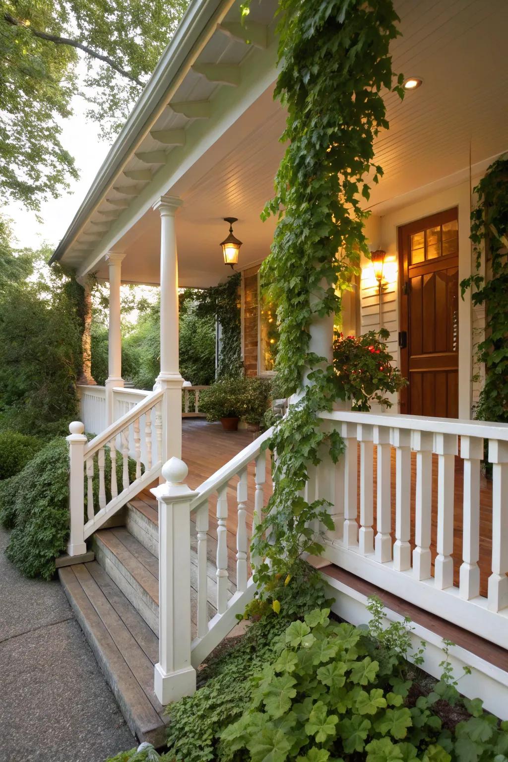 Classic white railings infuse your outdoor area with a sense of timeless elegance.