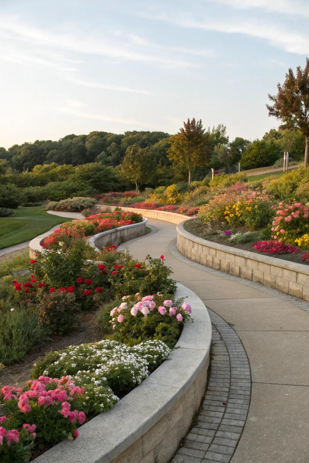 Arched concrete borders seamlessly integrate with the landscape’s contours.