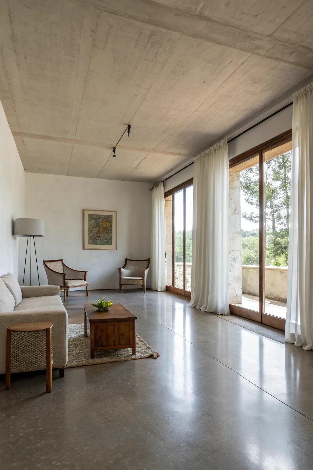 A minimalist interior featuring polished concrete flooring and a neutral palette.