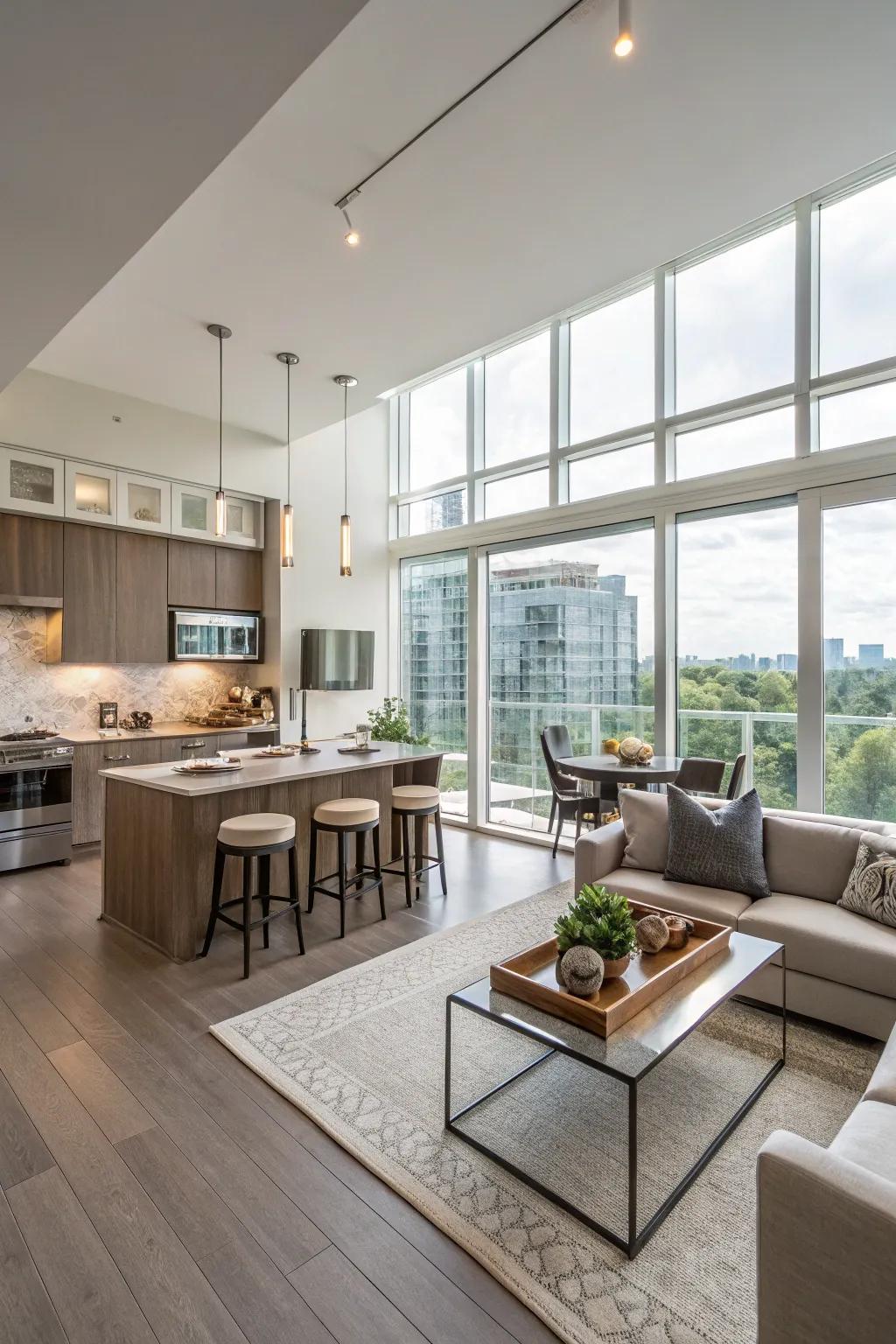 A seamlessly integrated kitchen, dining, and living space in an open-concept condominium.