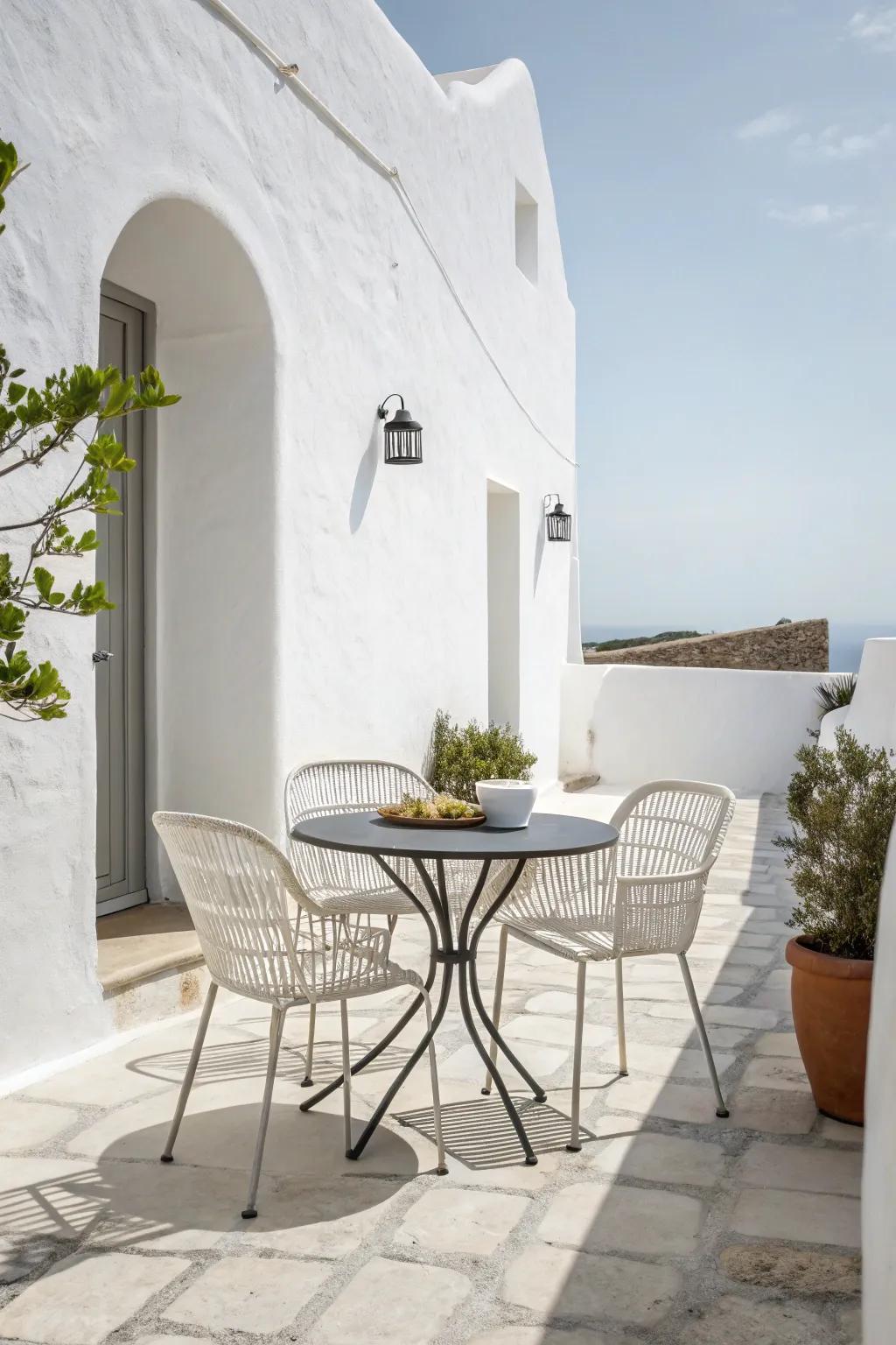 A minimalist patio displays unadorned decor and a tranquil feel.