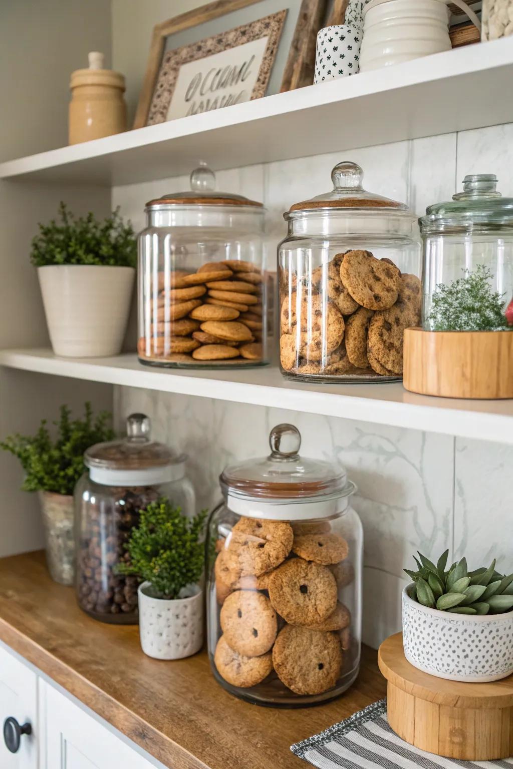 A thoughtfully curated shelf display featuring an array of confection receptacles.