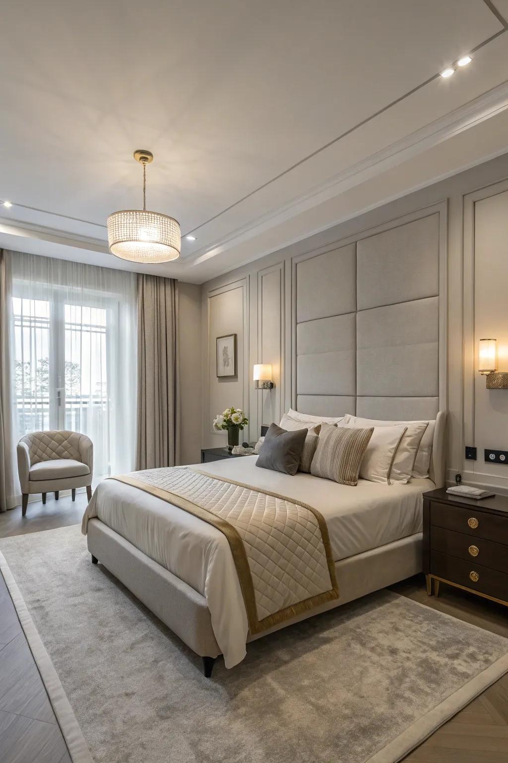 A modern aesthetic begets a serene and comforting bedroom setting.