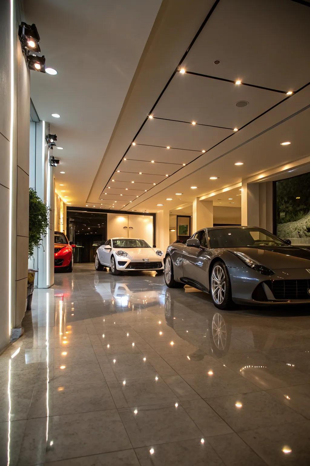 A deluxe display space-style garage featuring refined floors and ambient lighting.