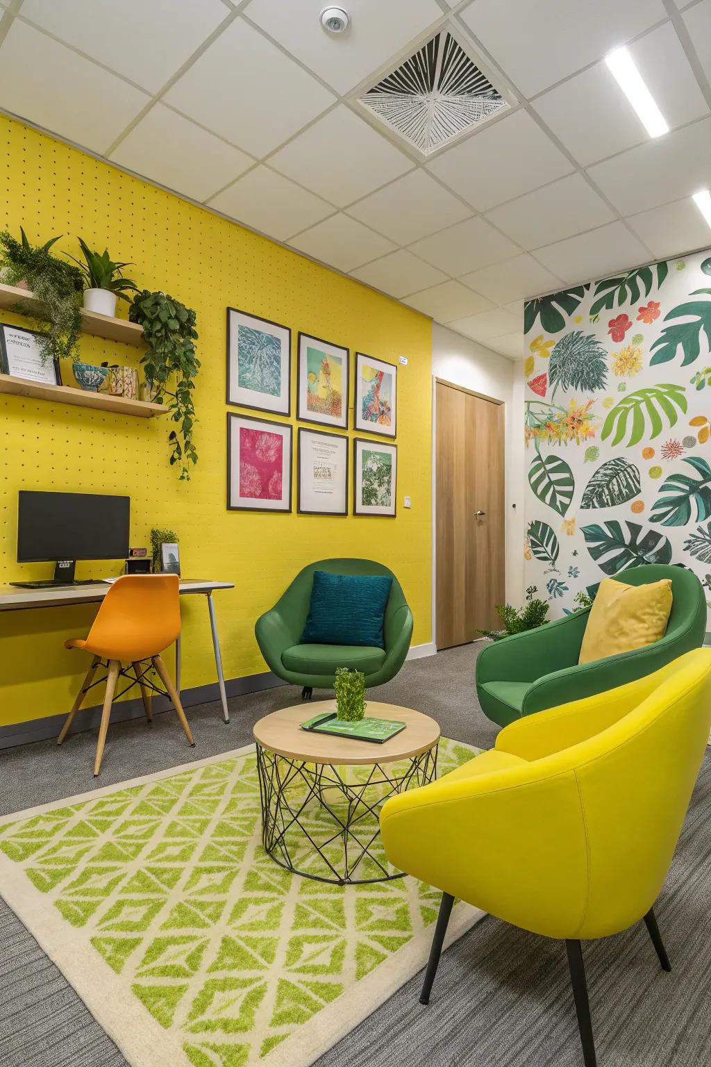 An office setting that showcases bold yellow and green features for an invigorated ambiance.