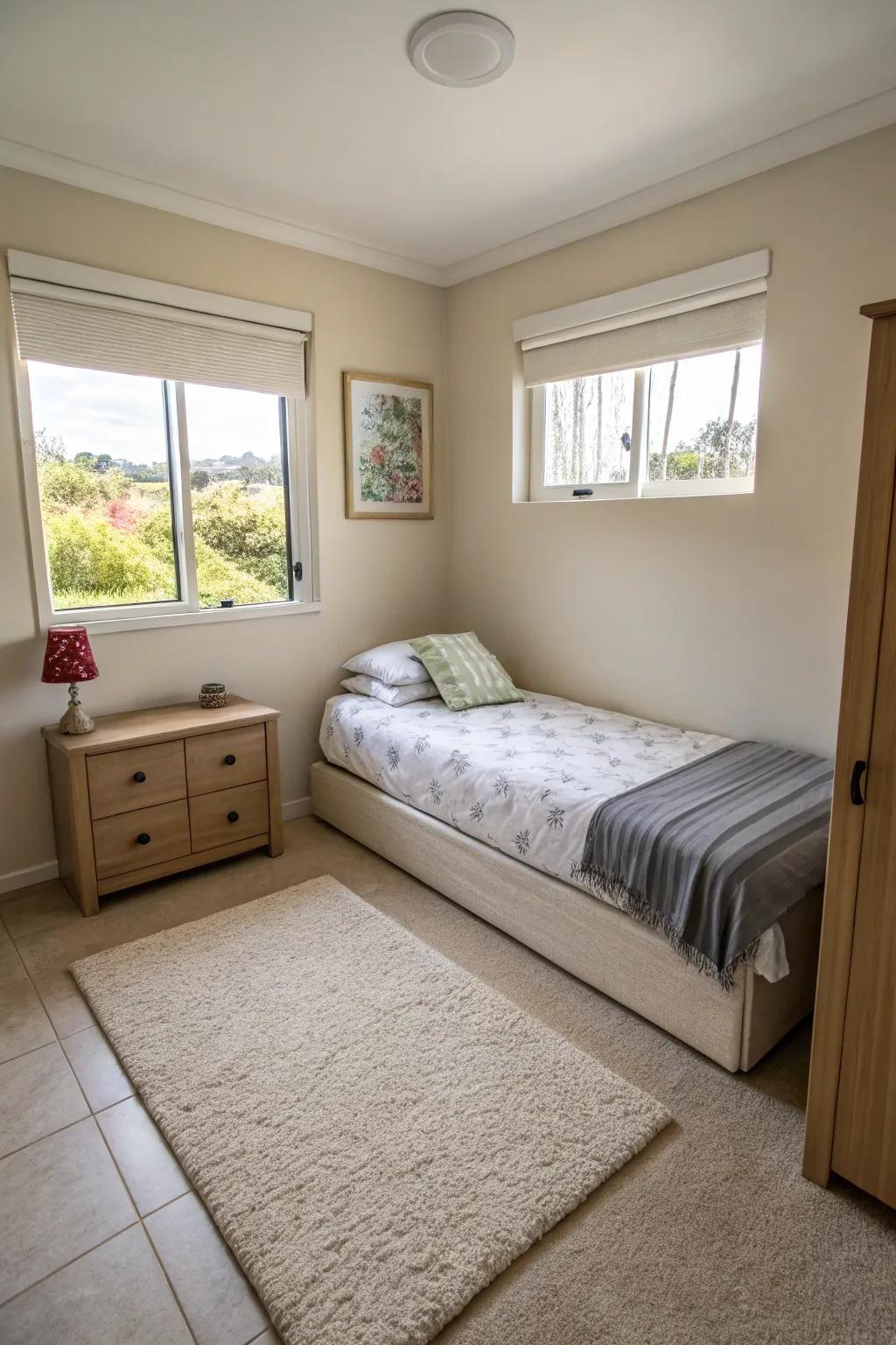 Locating a bed in the corner opens up the floor area, contributing to a sensation of spaciousness.