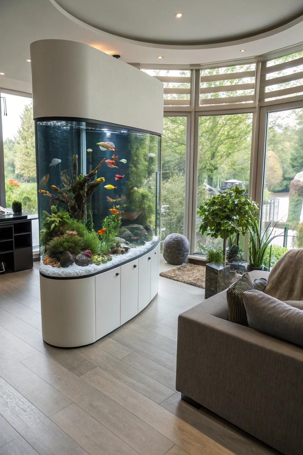 Curved front aquarium offering a panoramic aquatic view.