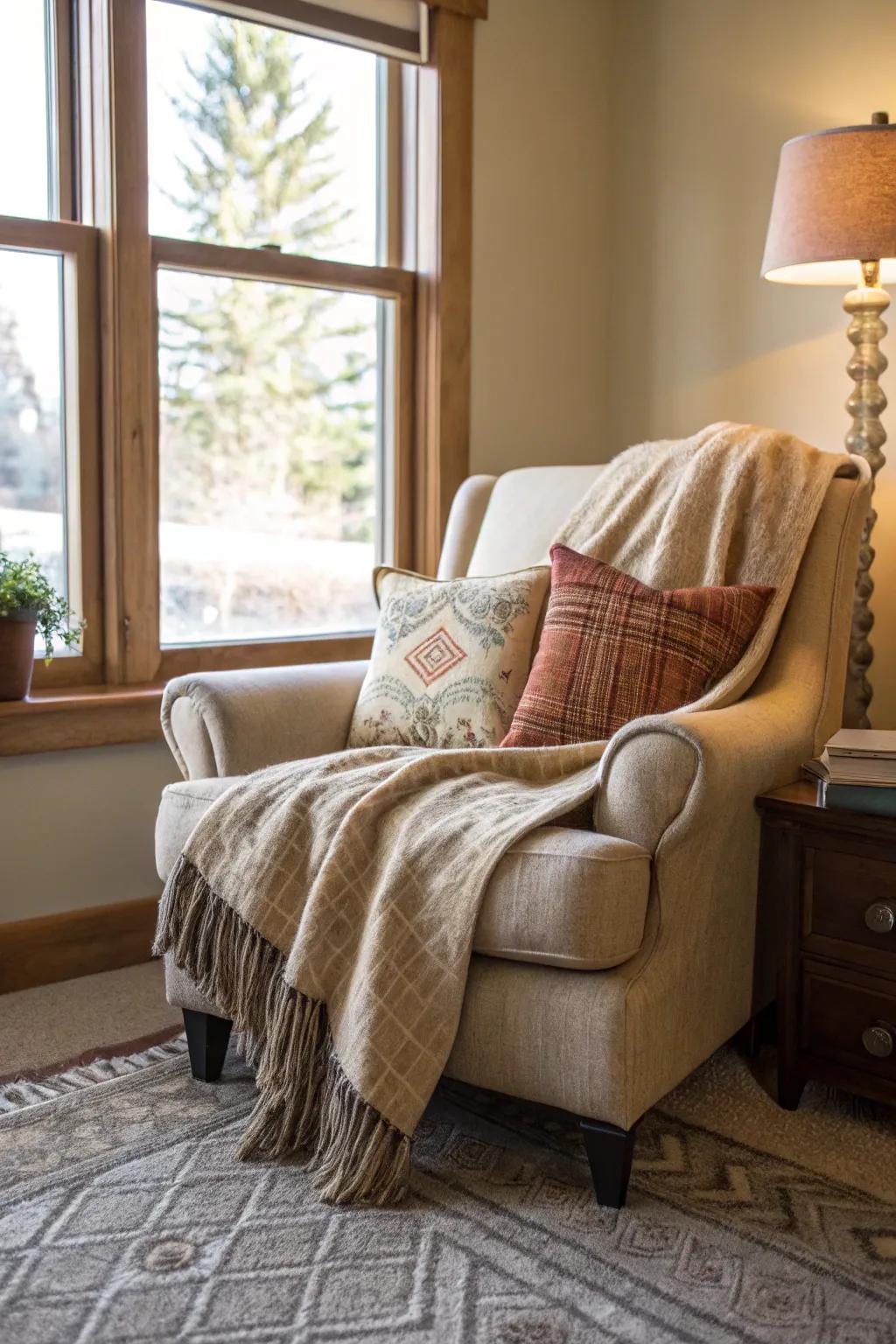 A snug corner seating area beckons you to unwind with a captivating book and a warm beverage.