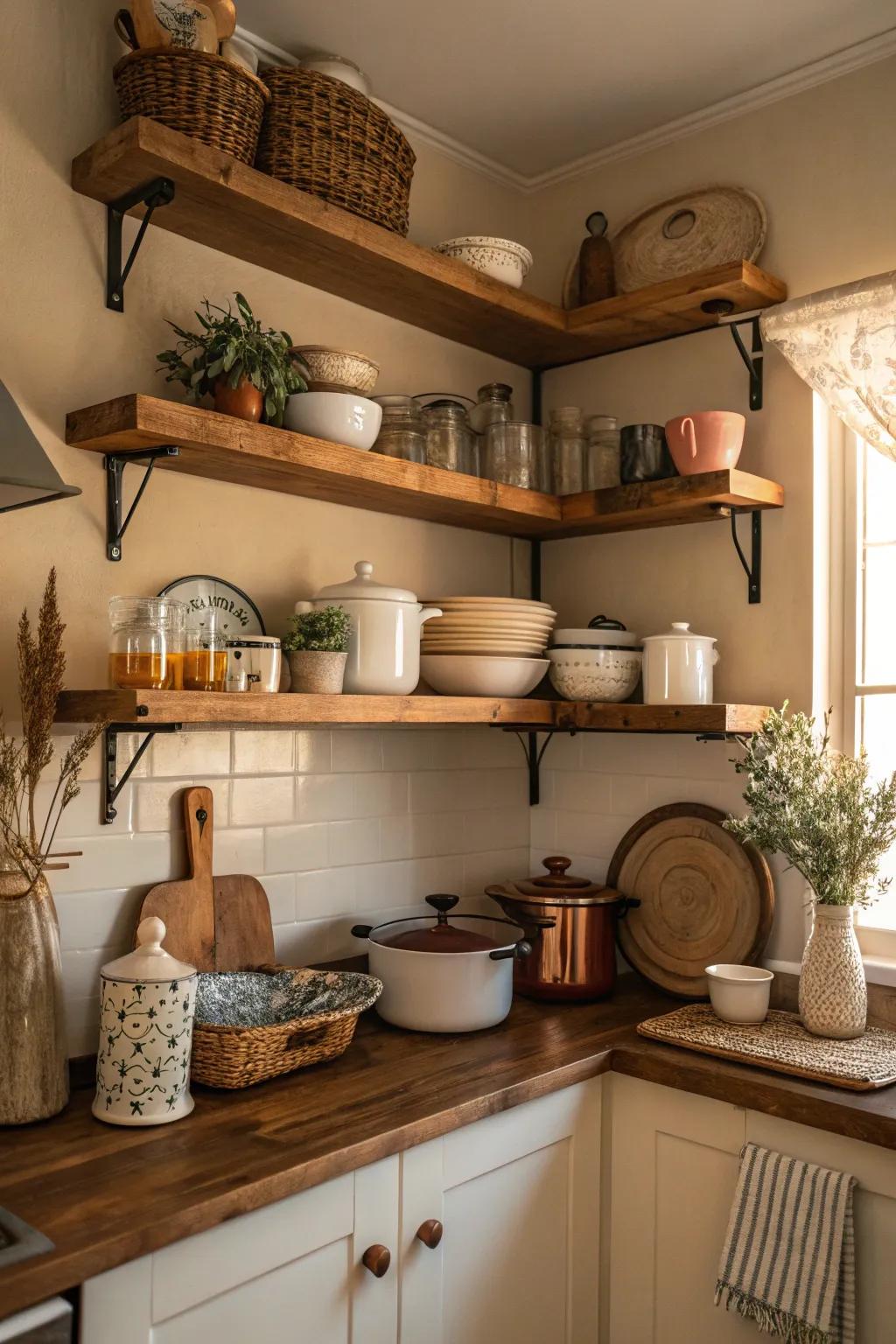 Layered wood shelves enhance warmth and consistency in a kitchen.