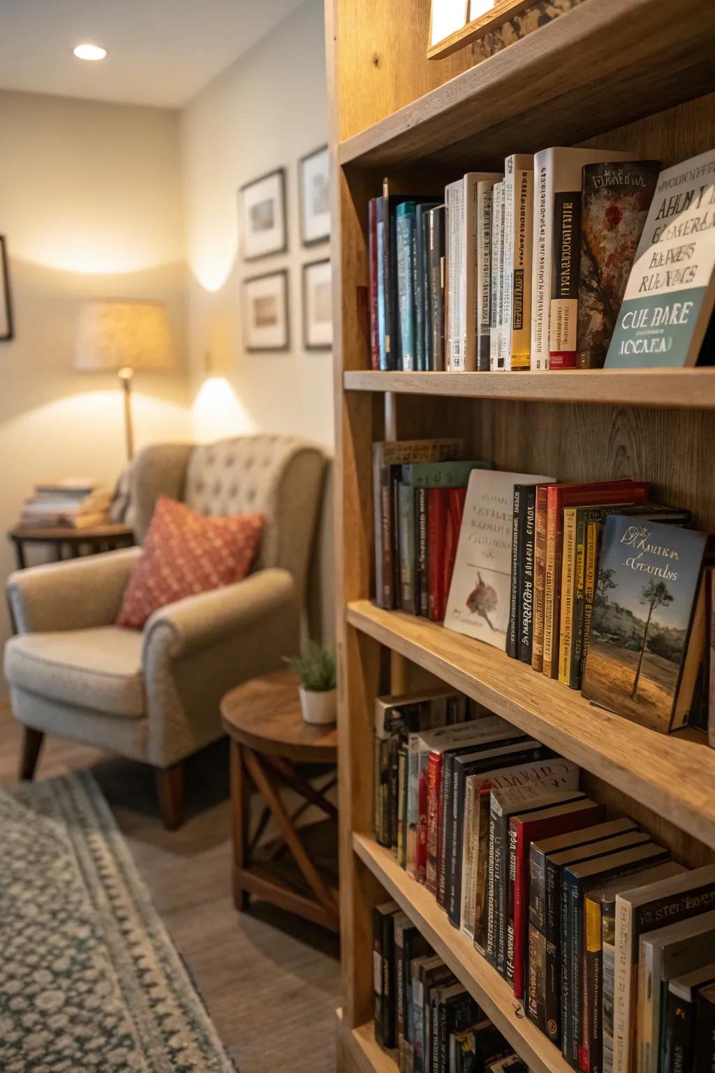 A welcoming book corner highlighted by a corner shelf adorned with books.