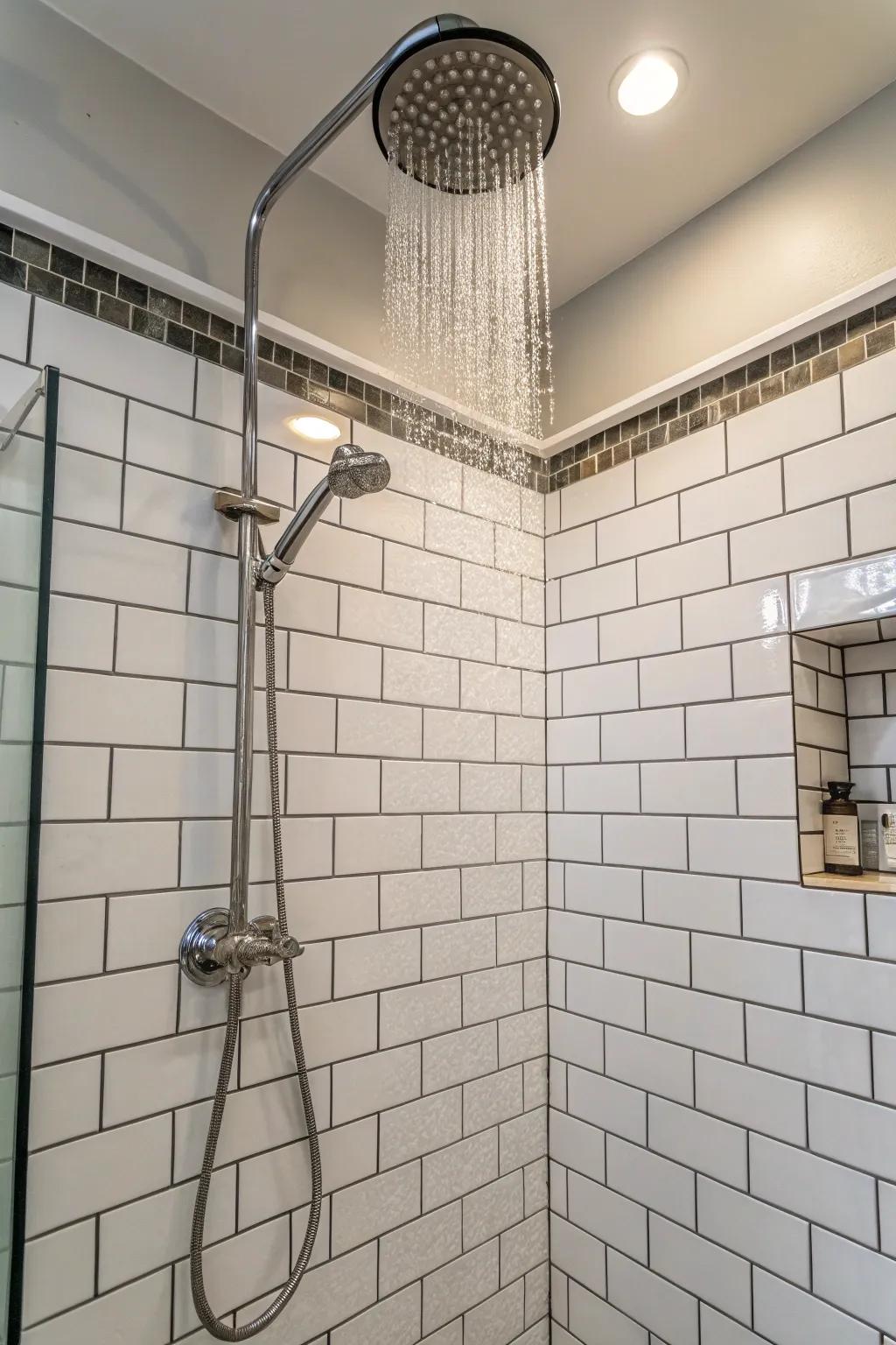 Pristine ceramic squares have the ability to elicit an enduring sense of elegance within your corner shower.