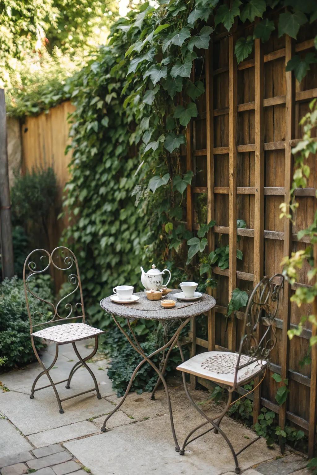 A garden hideaway showcasing a trellis enveloped in ivy and a cozy bistro ensemble.