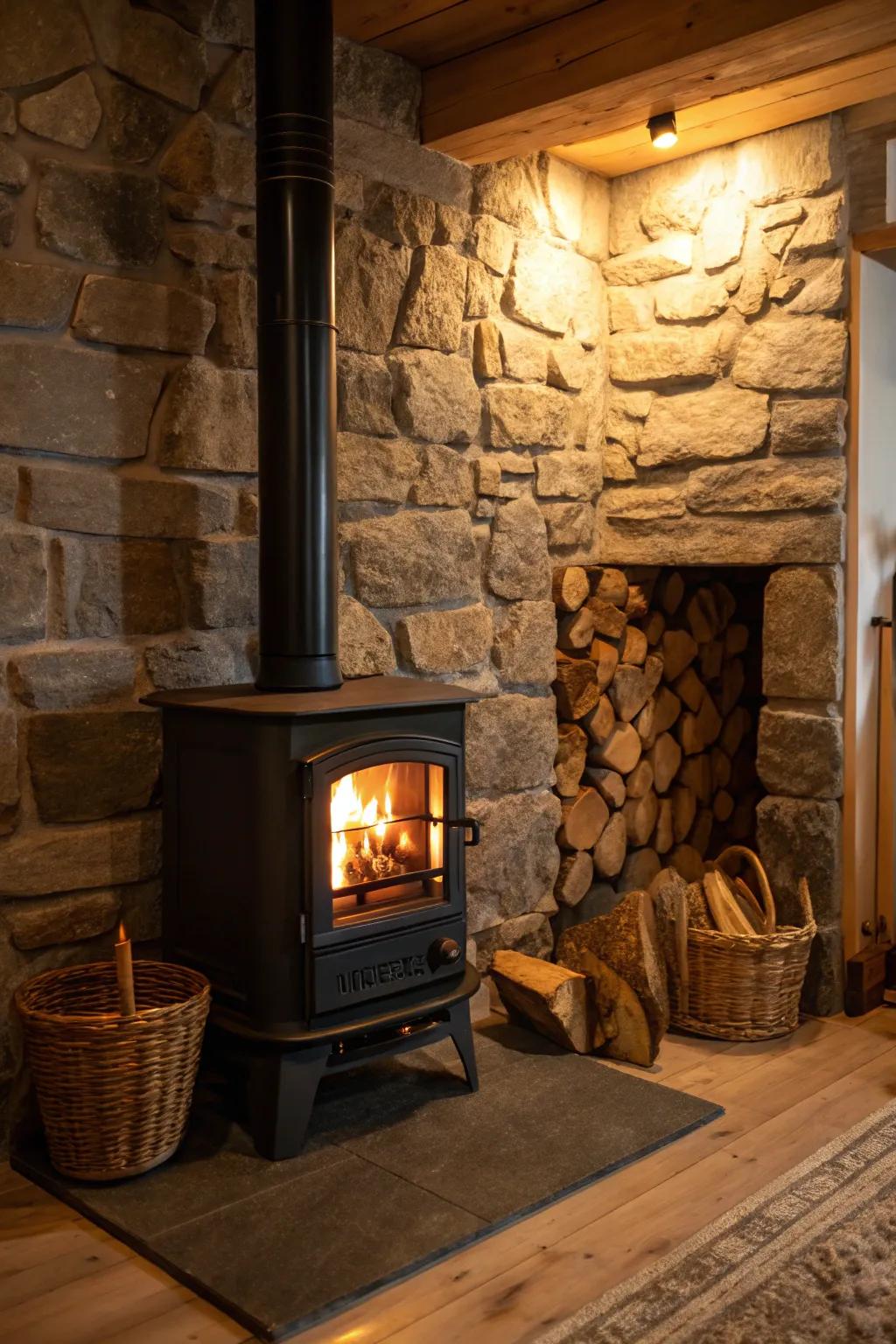 Utilizing organic rocks creates an inviting, earth-toned ambiance around your wood-burning heater.