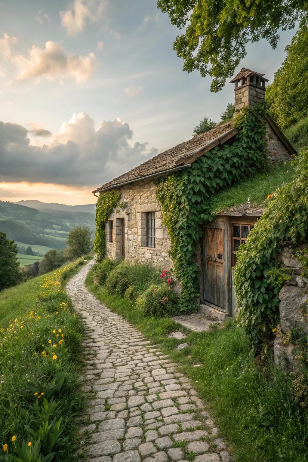 A classic stone cottage, nestled serenely in nature.