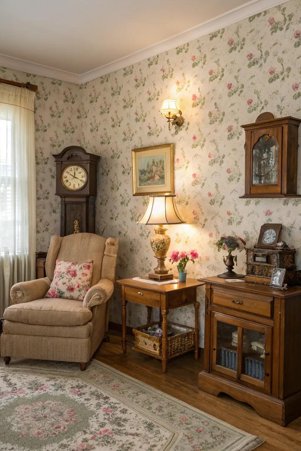 A delightful living room where botanical patterns and rustic components meet harmoniously.