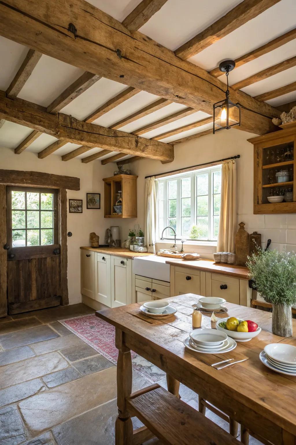 Natural timber beams and a rustic table create a snug cottage kitchen.