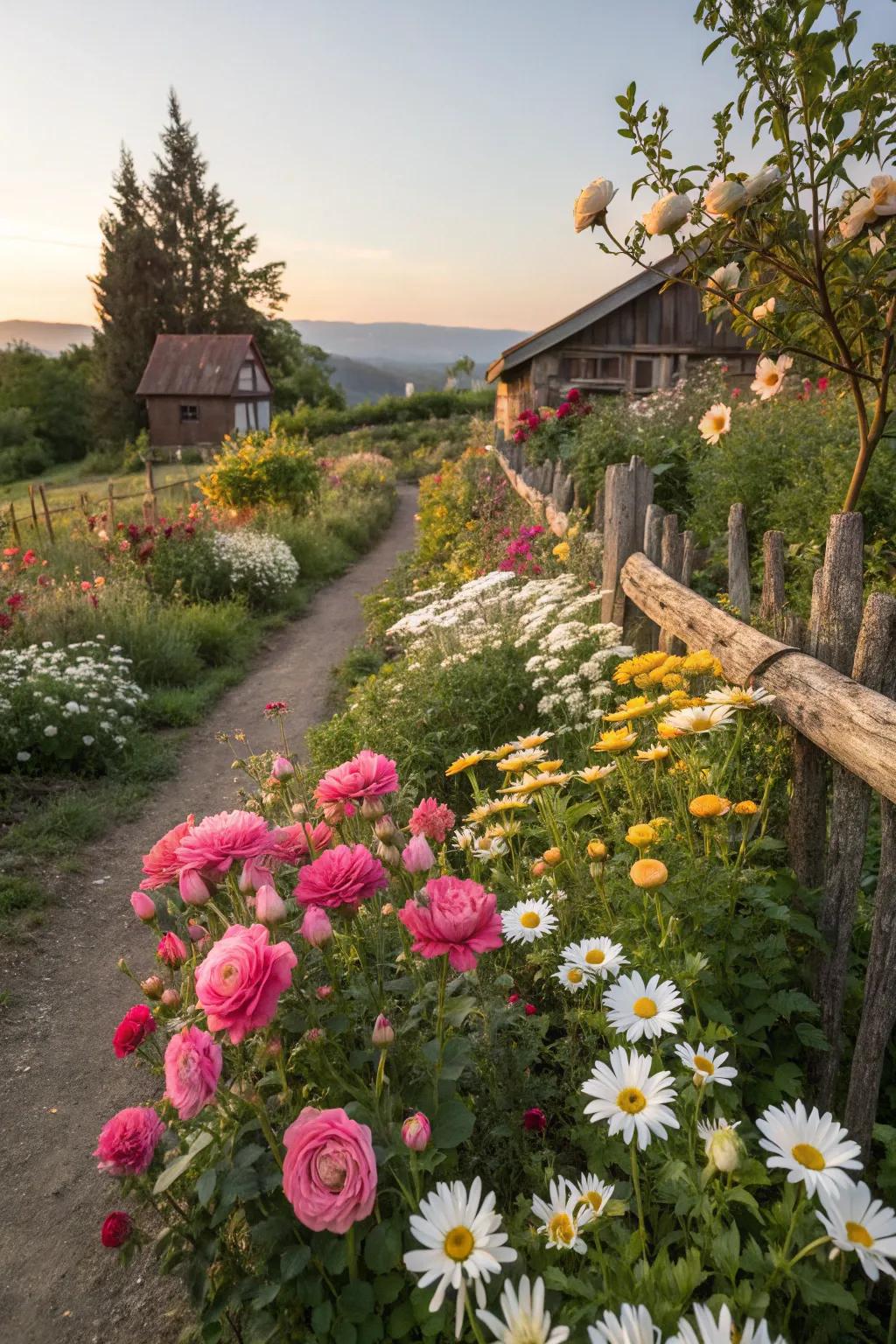 A lively assortment of flowers creating a rich tapestry of colors in a cottage garden.