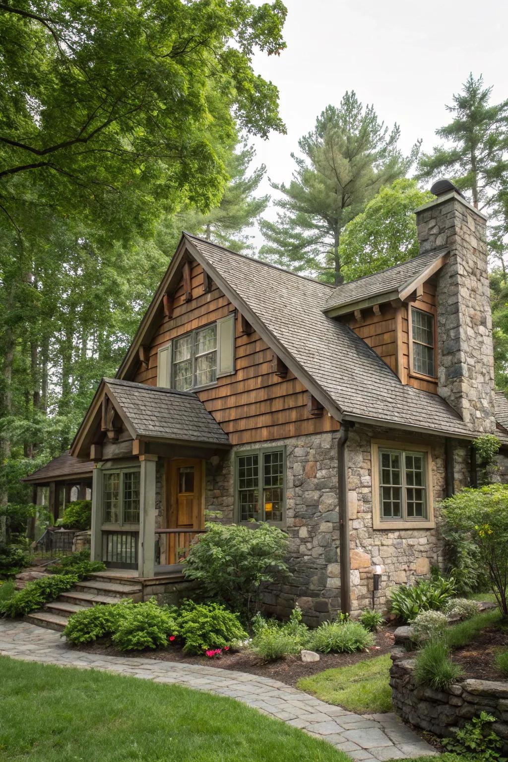 The epitome of rustic elegance achieved through wood and stone cladding.