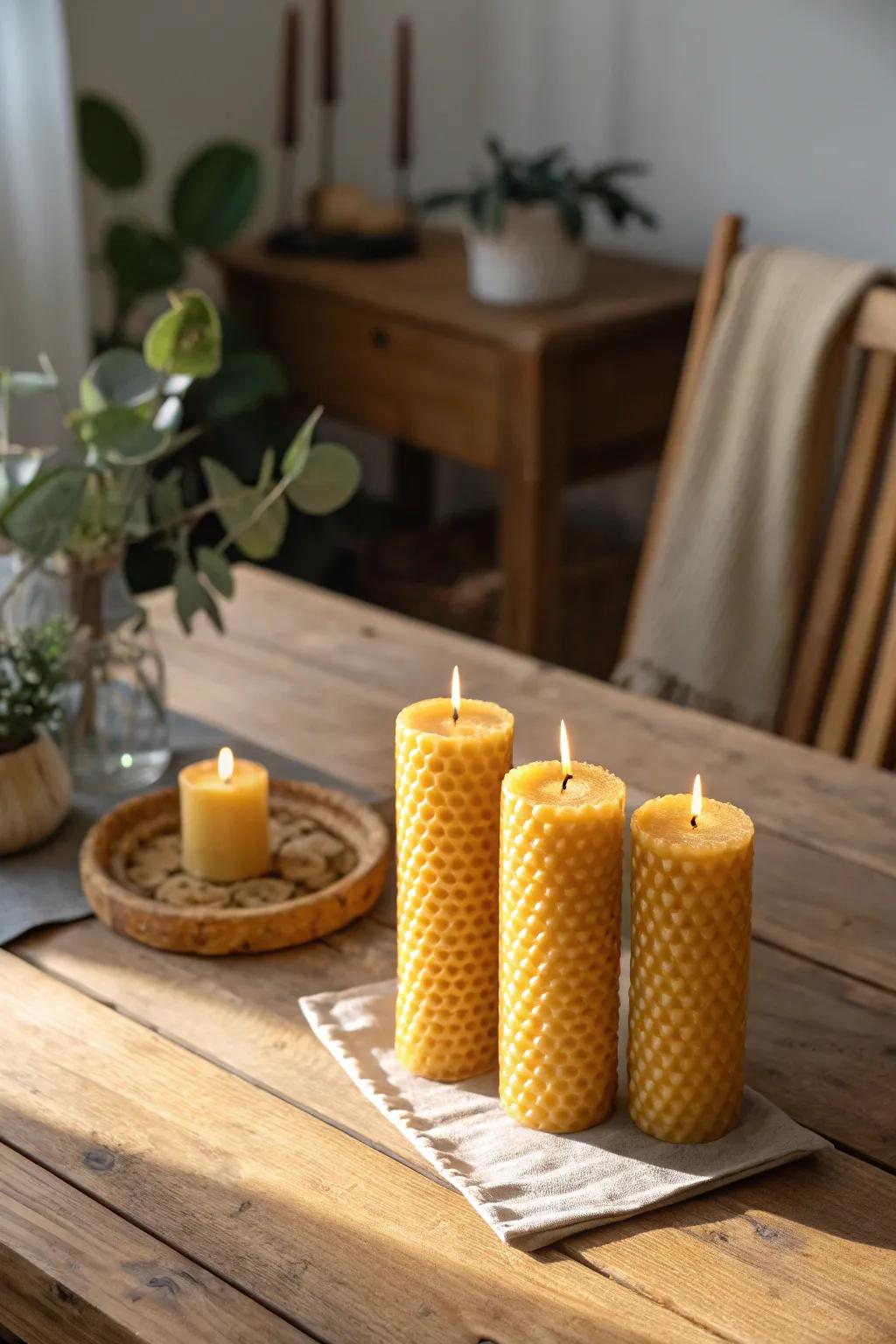 Handcrafted honeycomb lights provide a cozy and rustic ambiance.