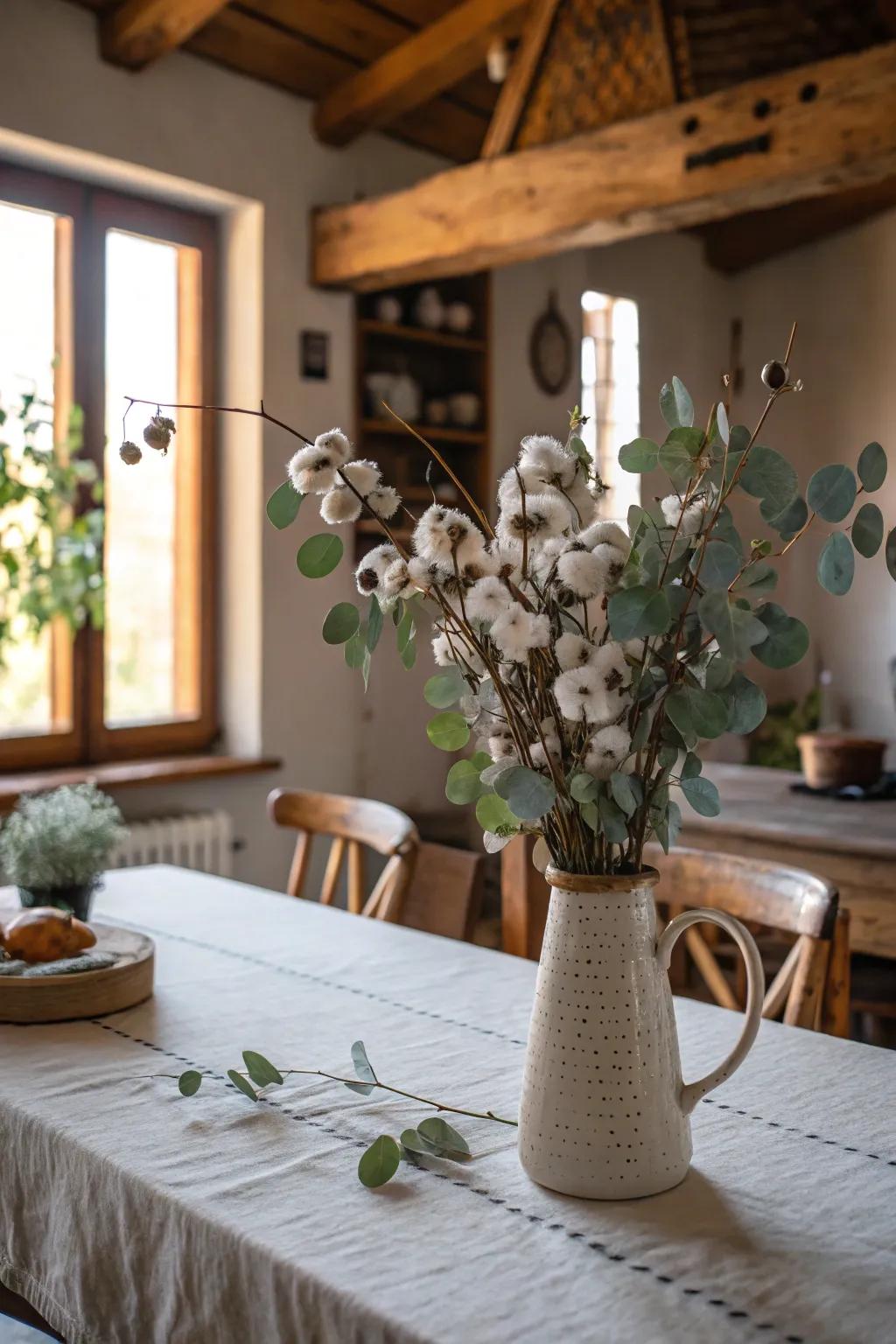 A kitchen centerpiece displaying rustic charm through cotton and eucalyptus.