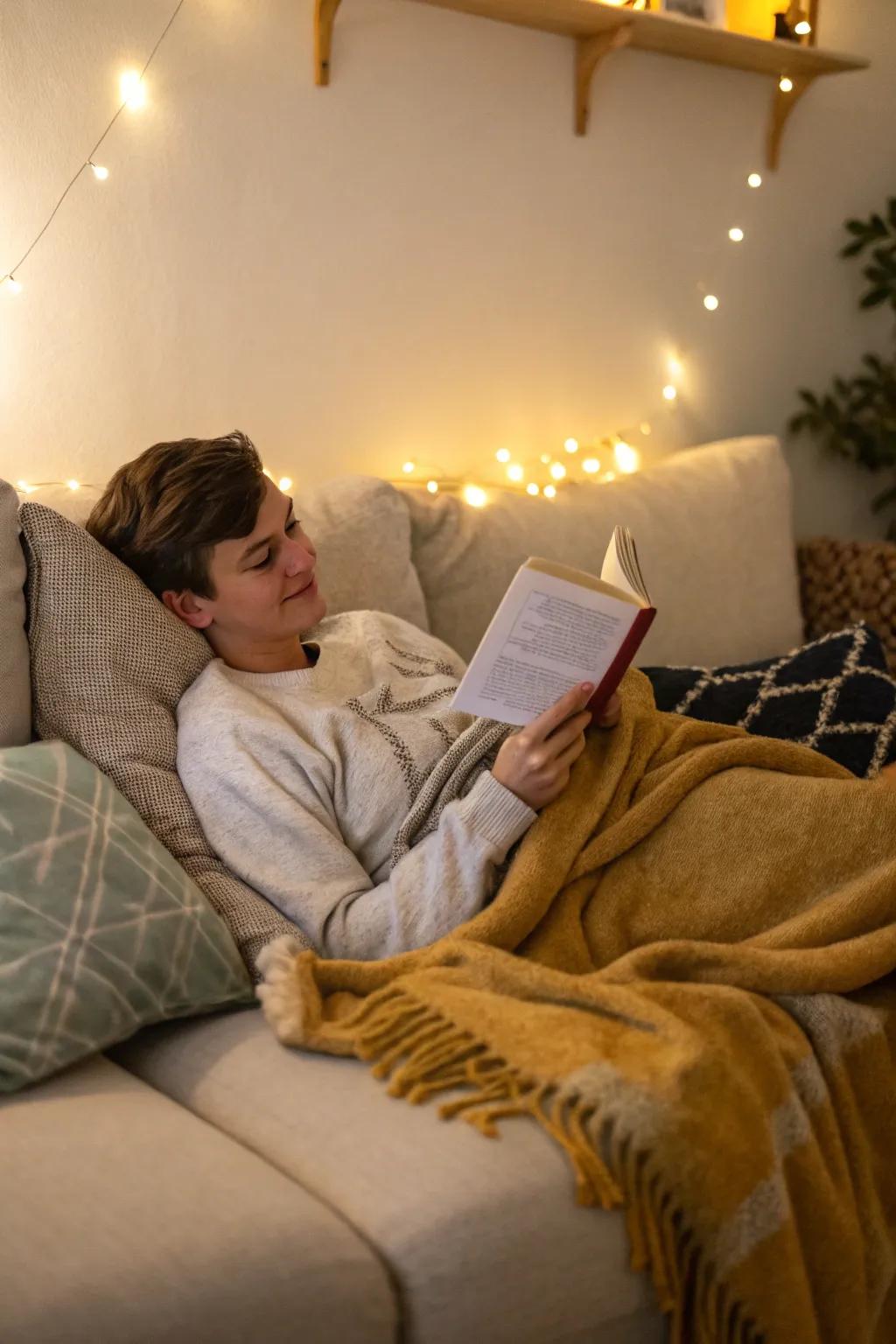 A serene lounging scene with a book, creating a stylish and peaceful moment.