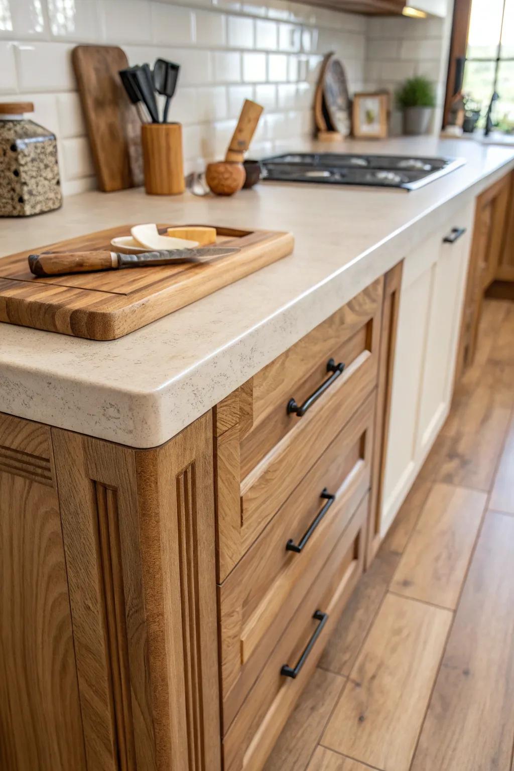 Warm timber end treatments that accentuate the inherent charm of the kitchen.